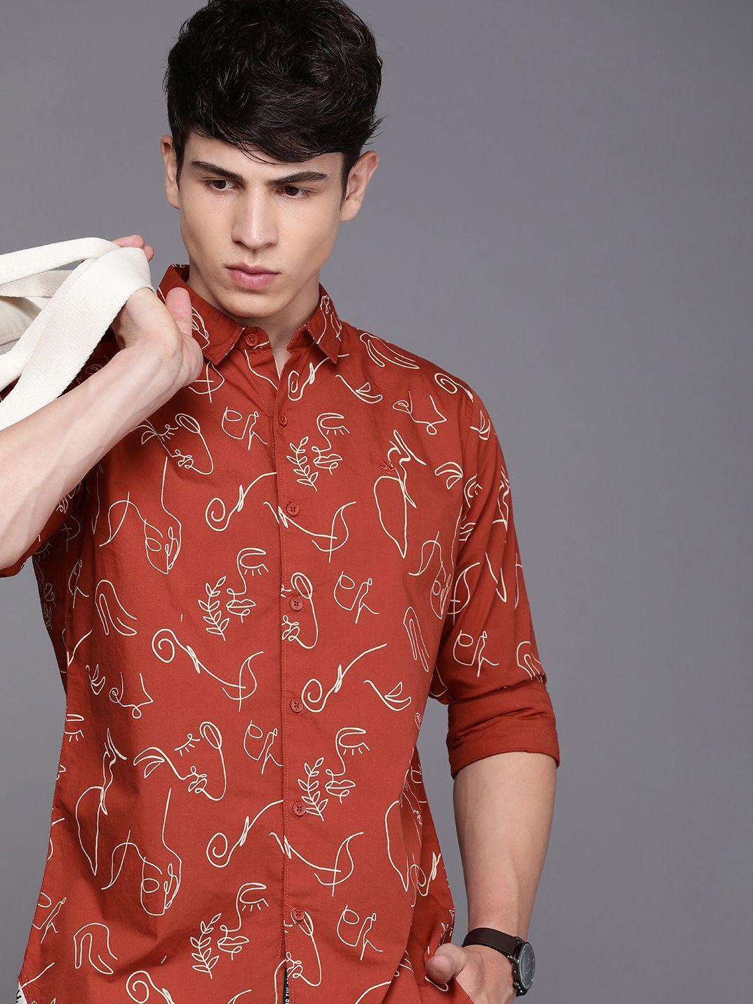 wrogn slim fit quirky printed pure cotton casual shirt