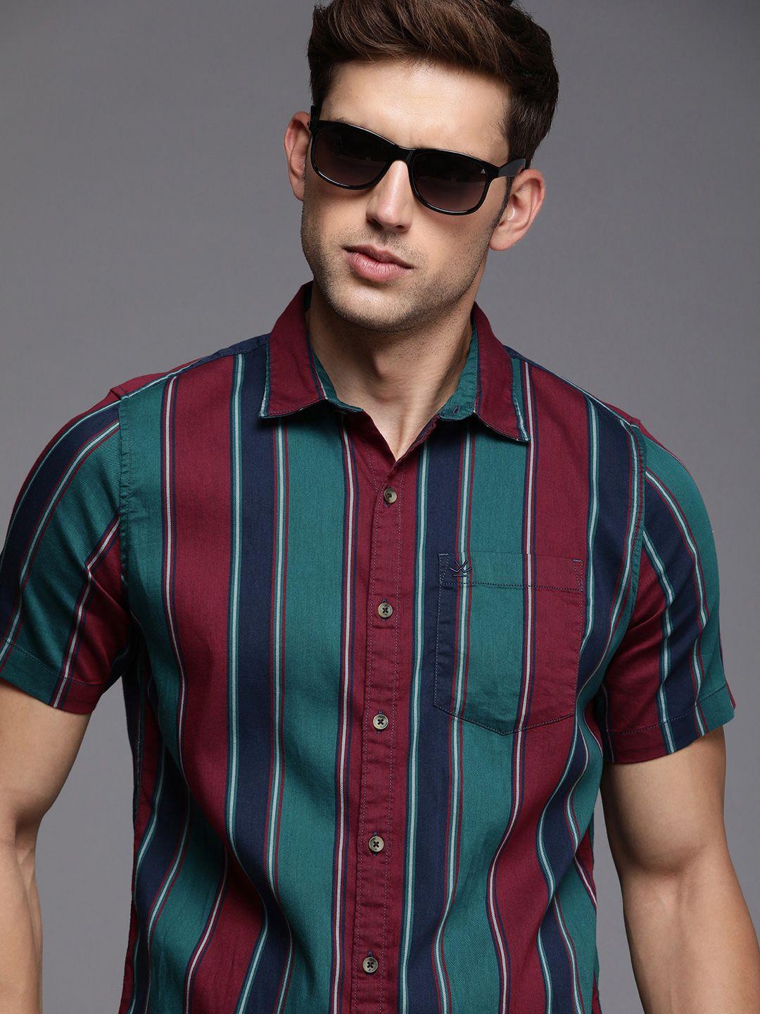 wrogn slim fit striped casual shirt with chest pocket