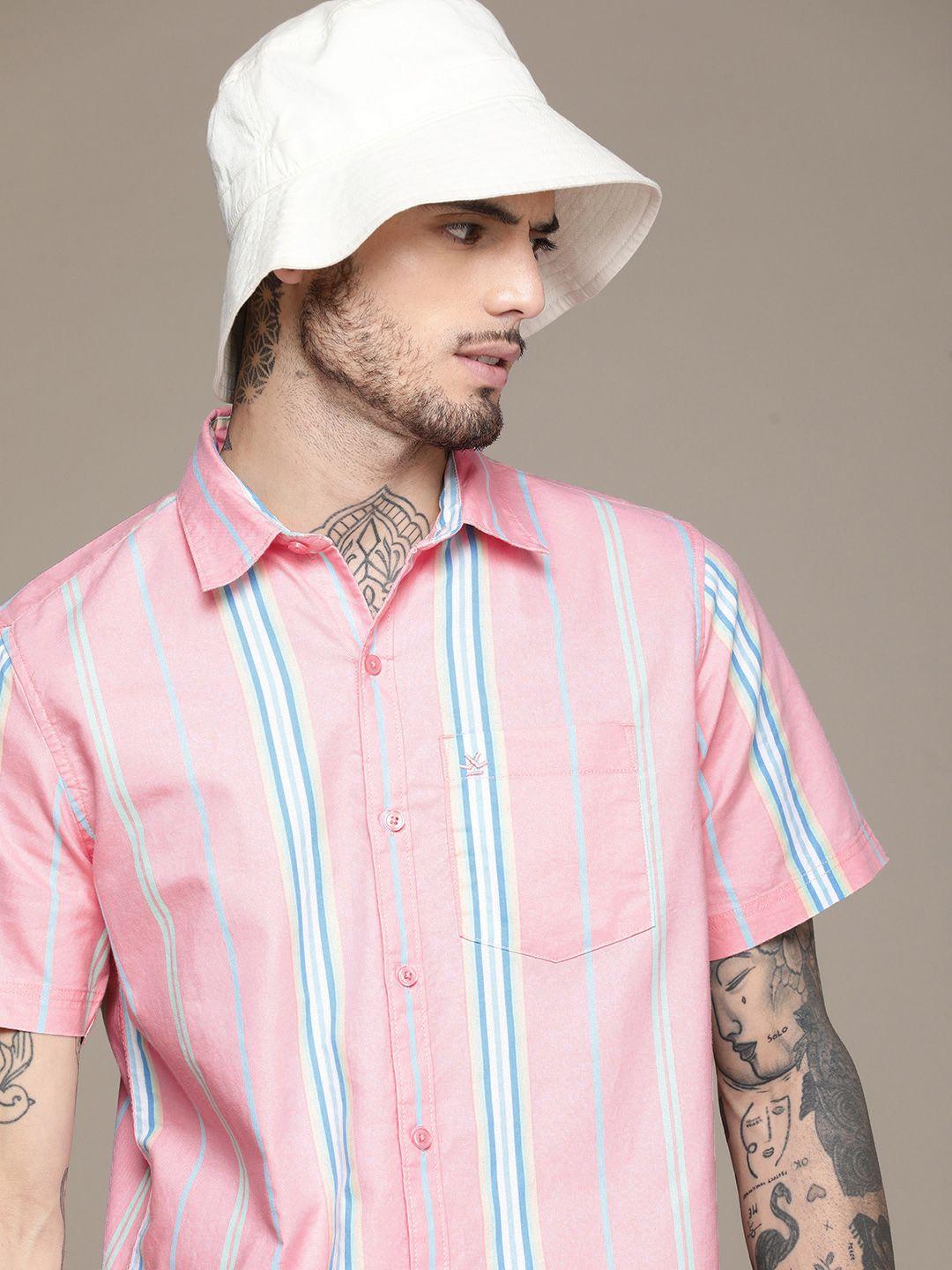 wrogn slim fit striped pure cotton casual shirt