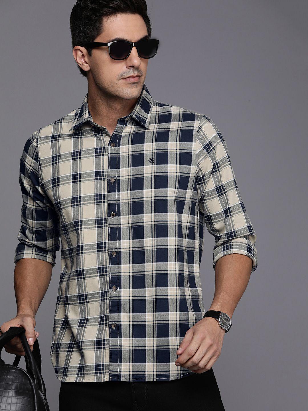 wrogn slim fit tartan checked casual shirt