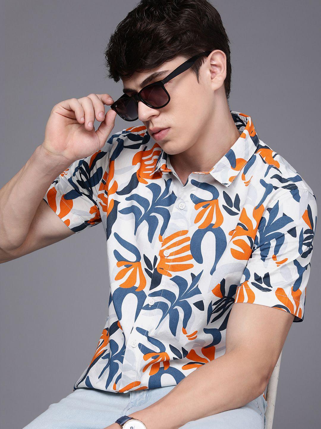 wrogn slim fit tropical printed pure cotton casual shirt