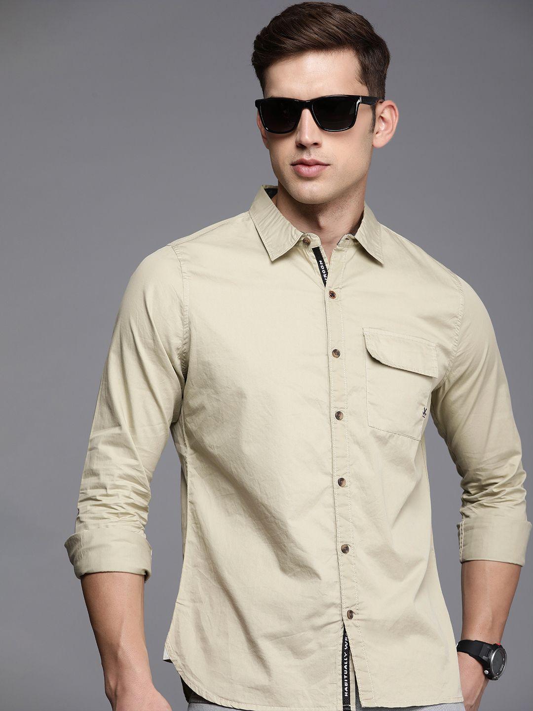 wrogn solid slim fit pure cotton casual shirt