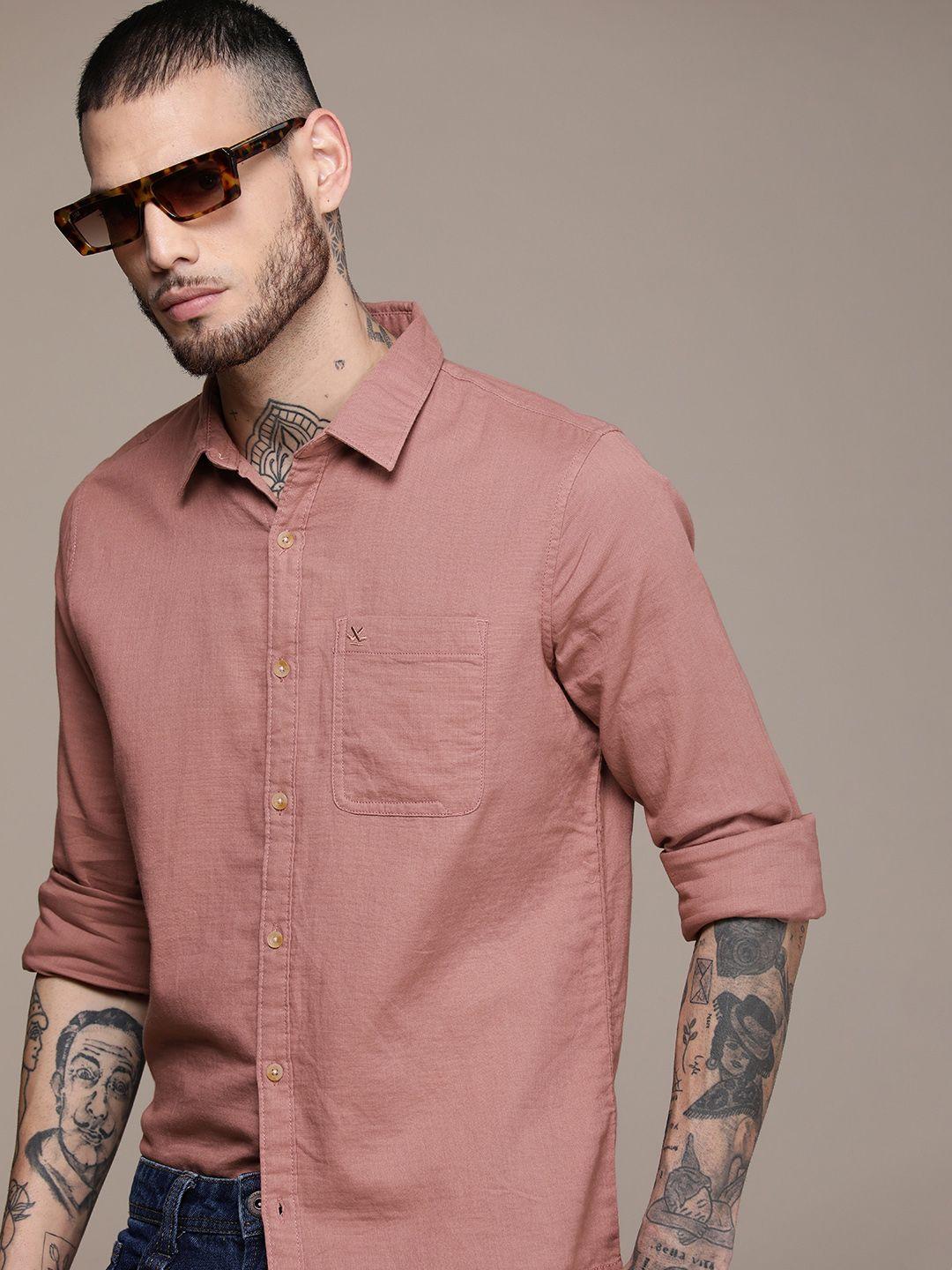 wrogn solid slim fit pure cotton casual shirt