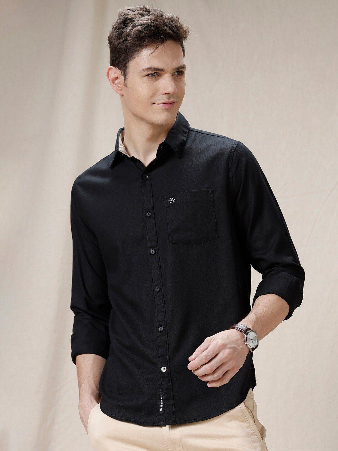 wrogn spread collar long sleeves slim fit cotton casual shirt