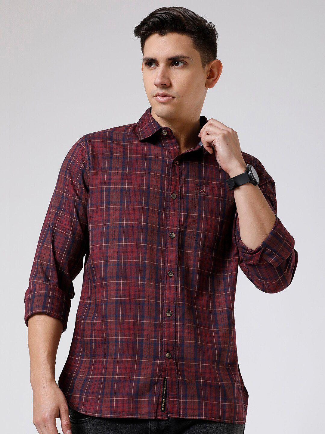 wrogn standard slim fit checked twill cotton casual shirt