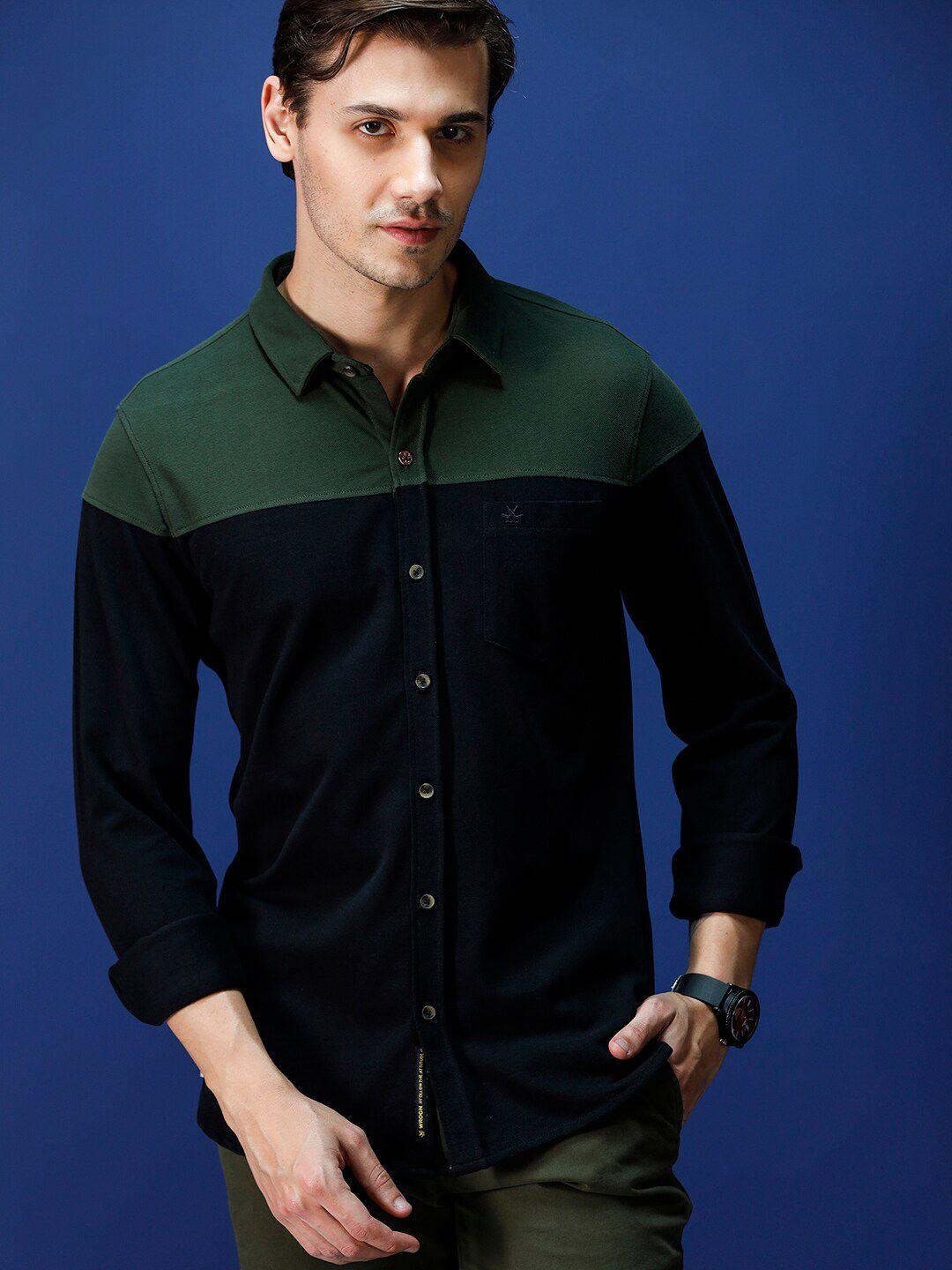 wrogn standard slim fit colourblocked cotton casual shirt