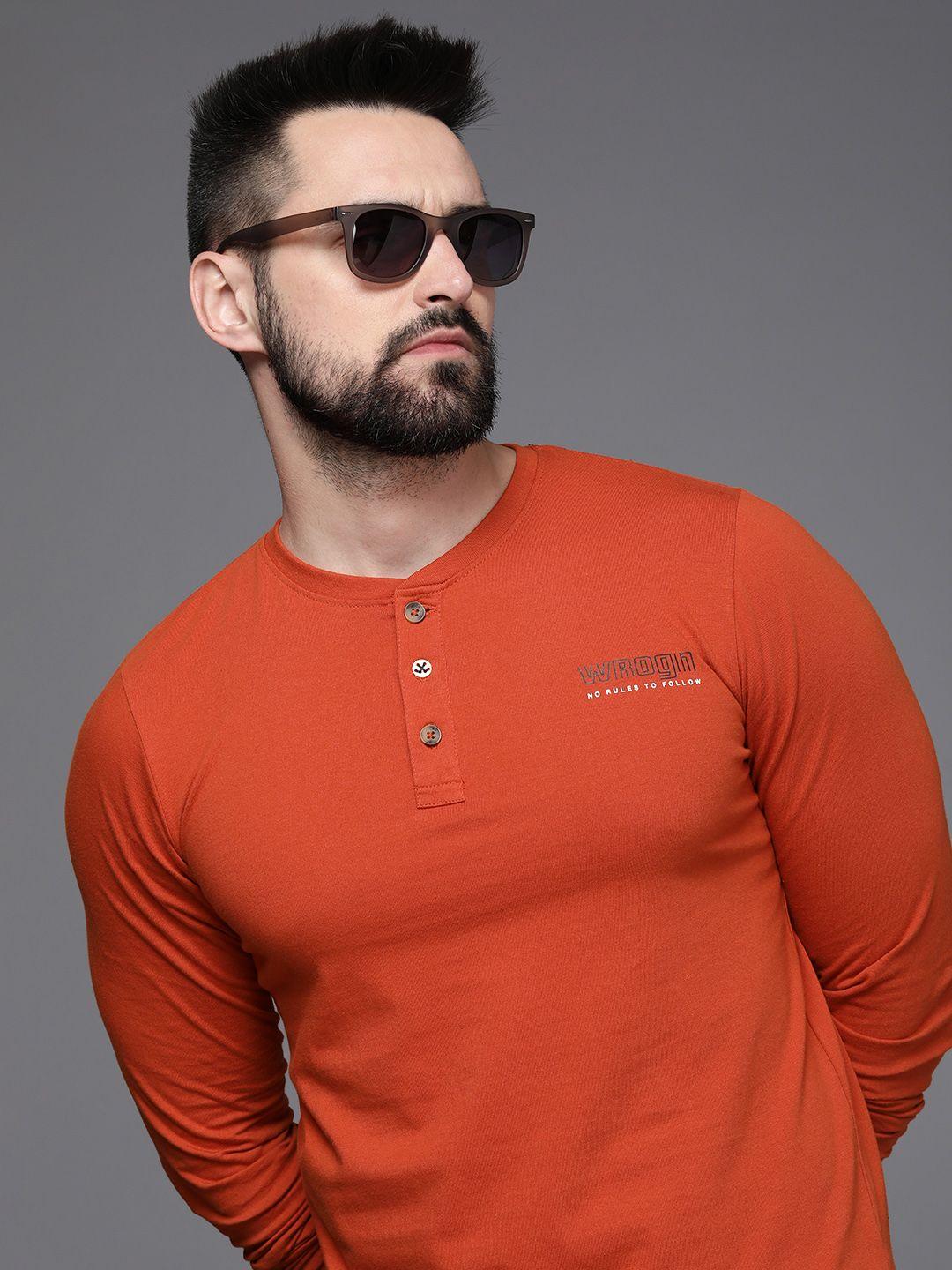 wrogn typography placement print henley neck pure cotton slim fit t-shirt