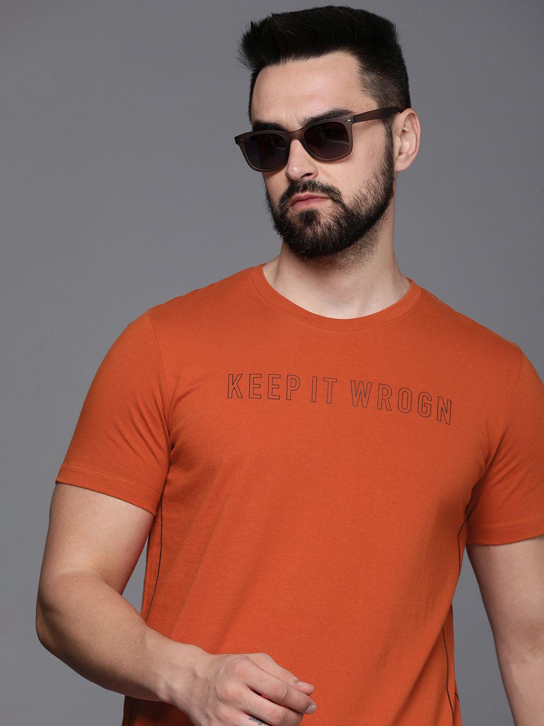 wrogn typography printed pure cotton slim fit t-shirt