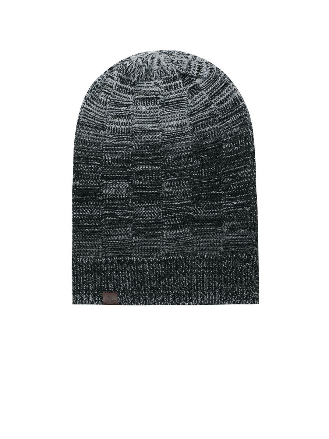 wrogn unisex black & grey self design beanie