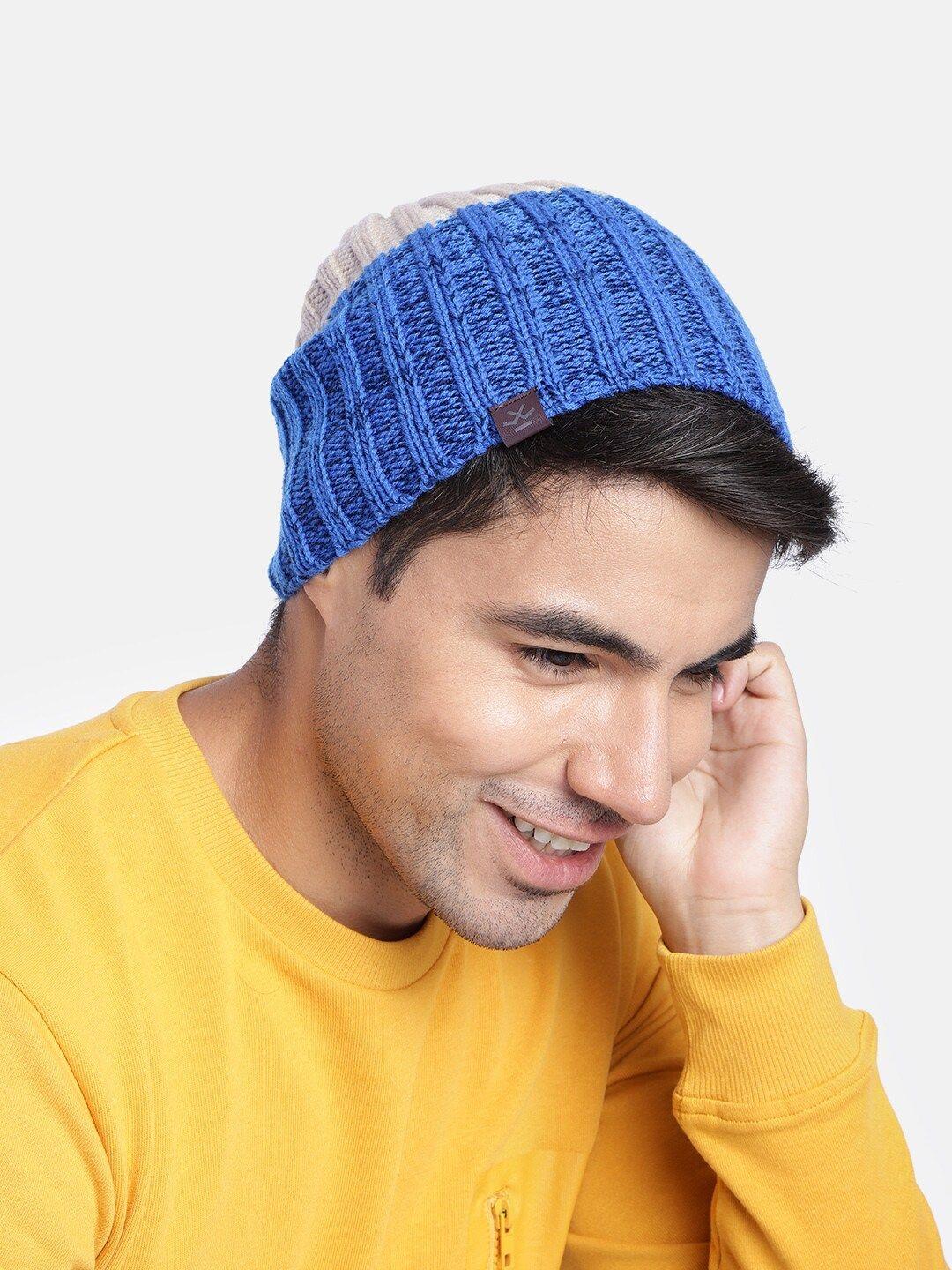 wrogn unisex blue & beige colourblocked woollen beanie