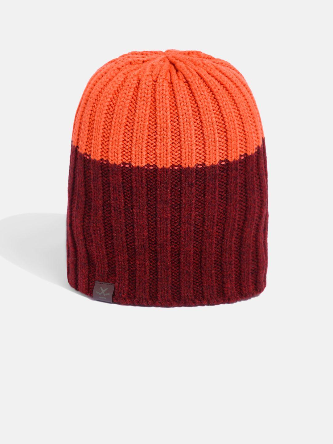 wrogn unisex maroon & orange colourblocked beanie