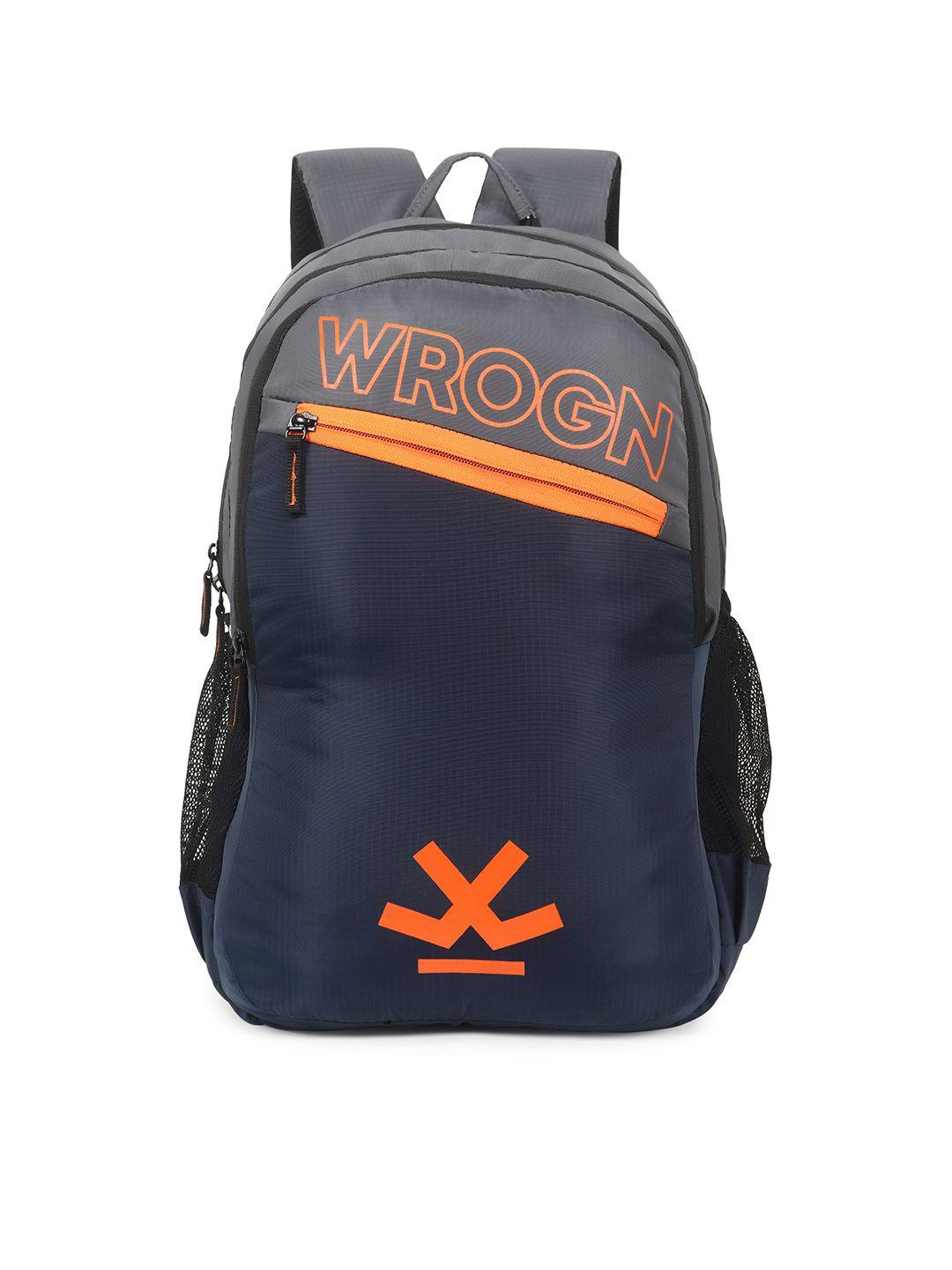 wrogn unisex navy blue & orange brand logo backpack with shoe pocket