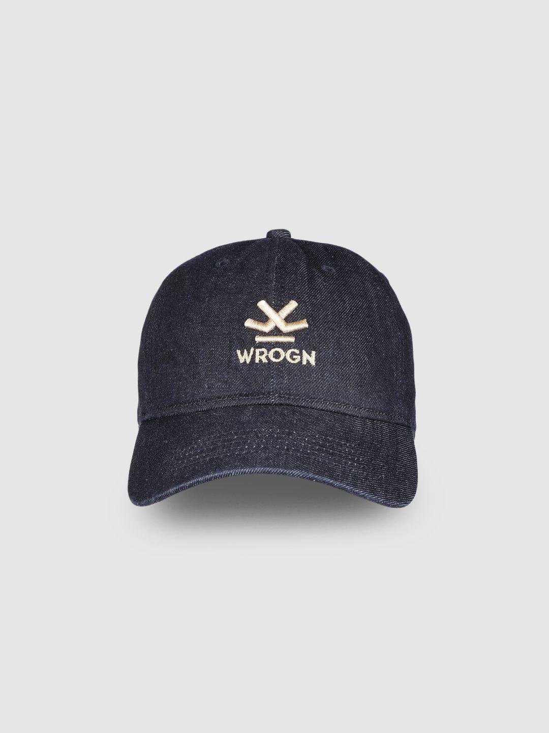 wrogn unisex navy blue embroidered pure cotton denim baseball cap