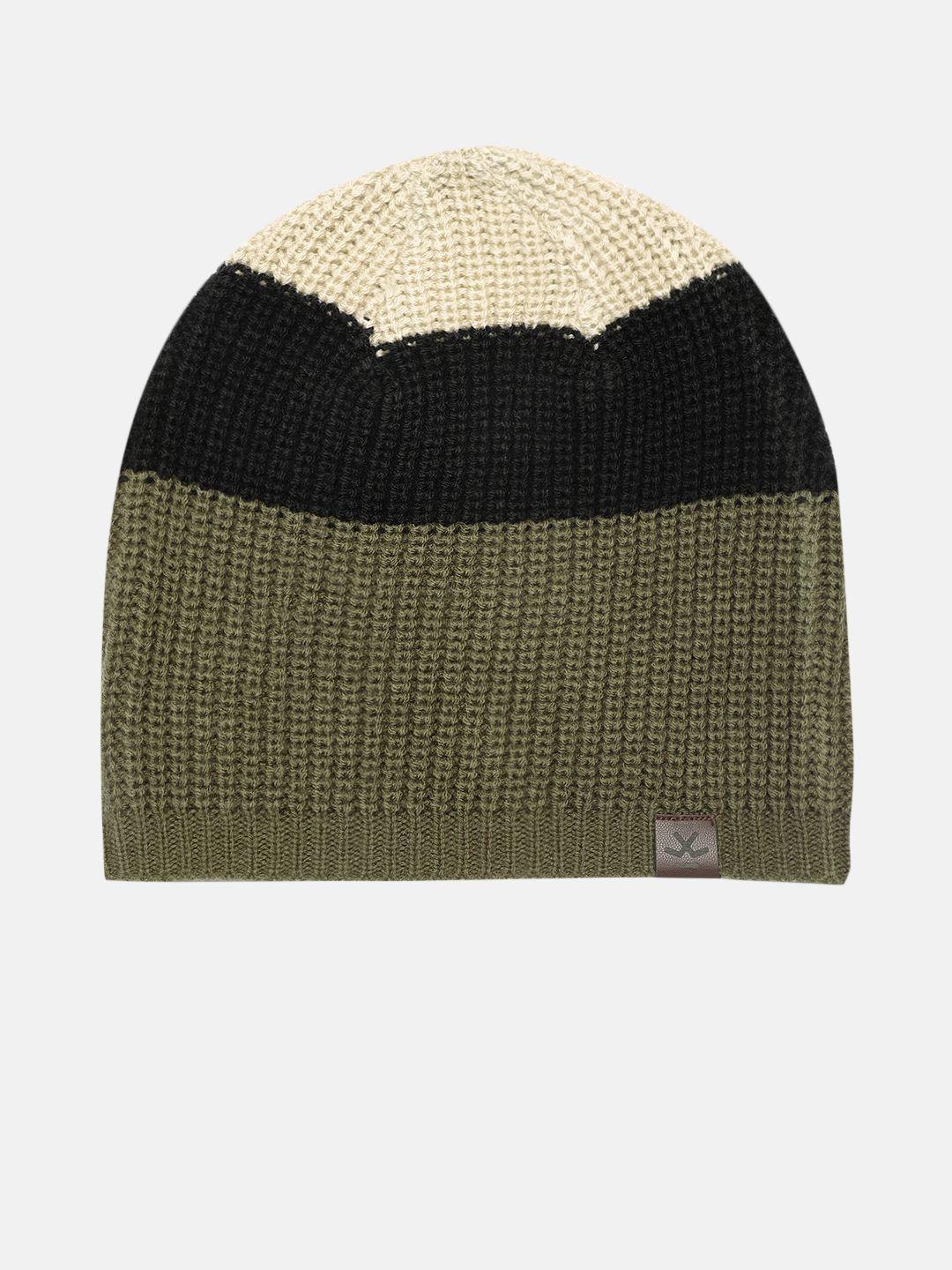 wrogn unisex olive green & black colourblocked acrylic beanie