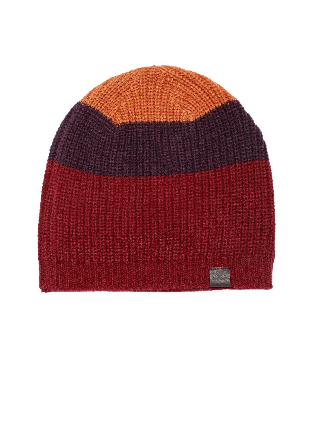 wrogn unisex red & brown colourblocked beanie