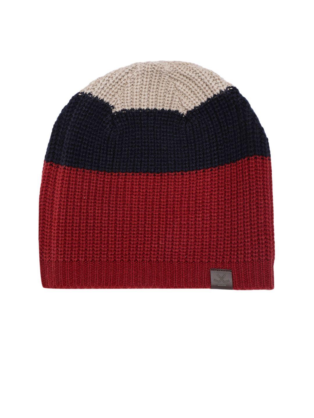 wrogn unisex red & navy blue colourblocked beanie