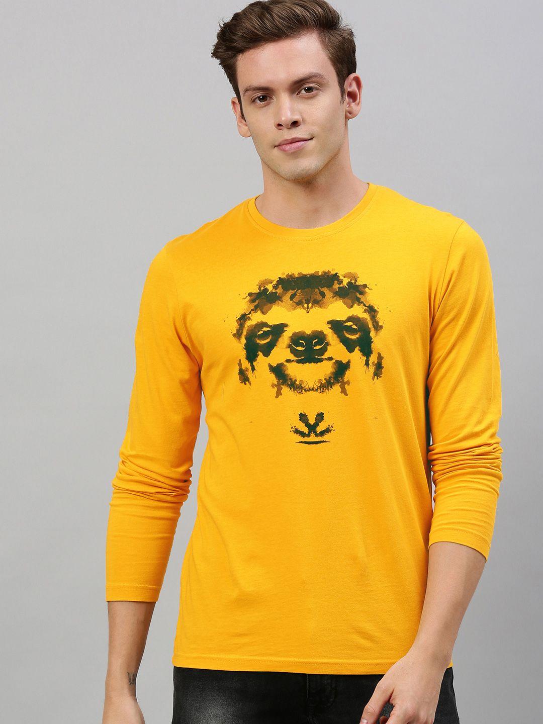 wrogn x animal planet men mustard yellow slim fit printed round neck pure cotton t-shirt