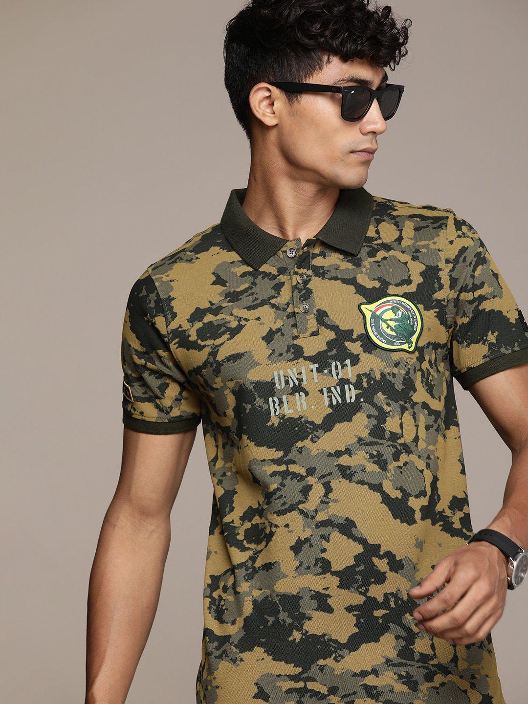 wrogn x indian infantry by a47 camouflage print polo collar pure cotton slim fit t-shirt