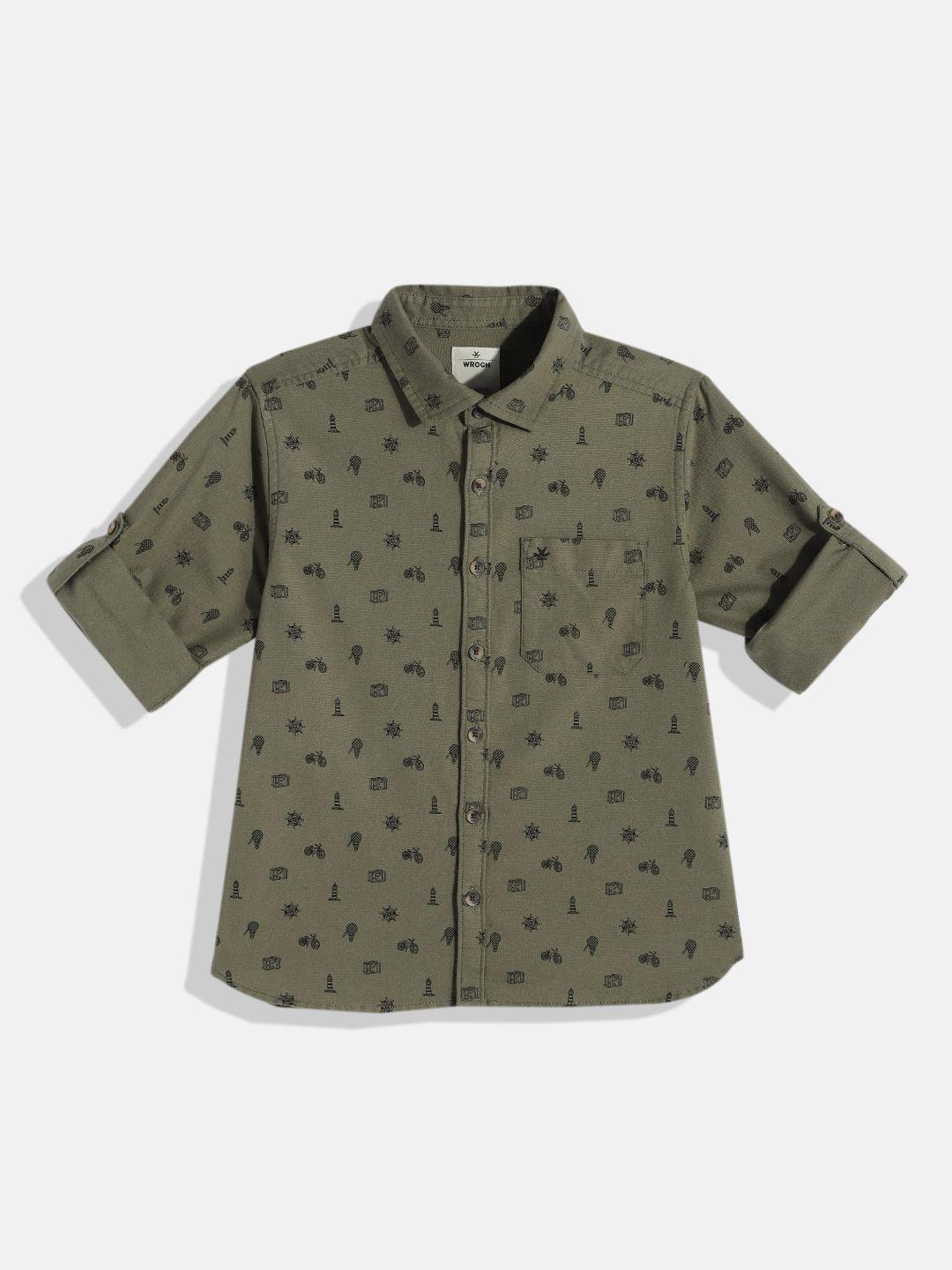 wrogn youth boys green printed pure cotton casual shirt