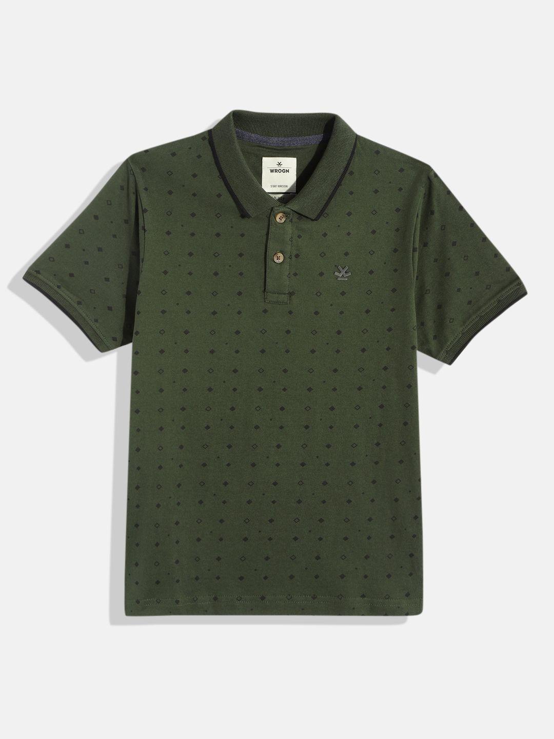 wrogn youth boys green printed pure cotton polo collar t-shirt