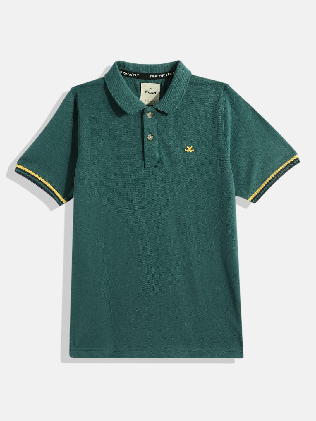 wrogn youth boys green solid polo collar t-shirt