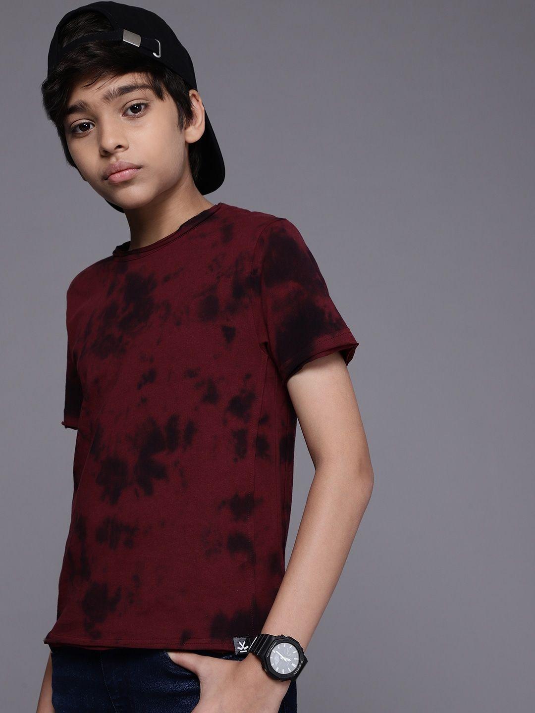 wrogn youth boys maroon & black tie and dye pure cotton raw edge slim fit t-shirt