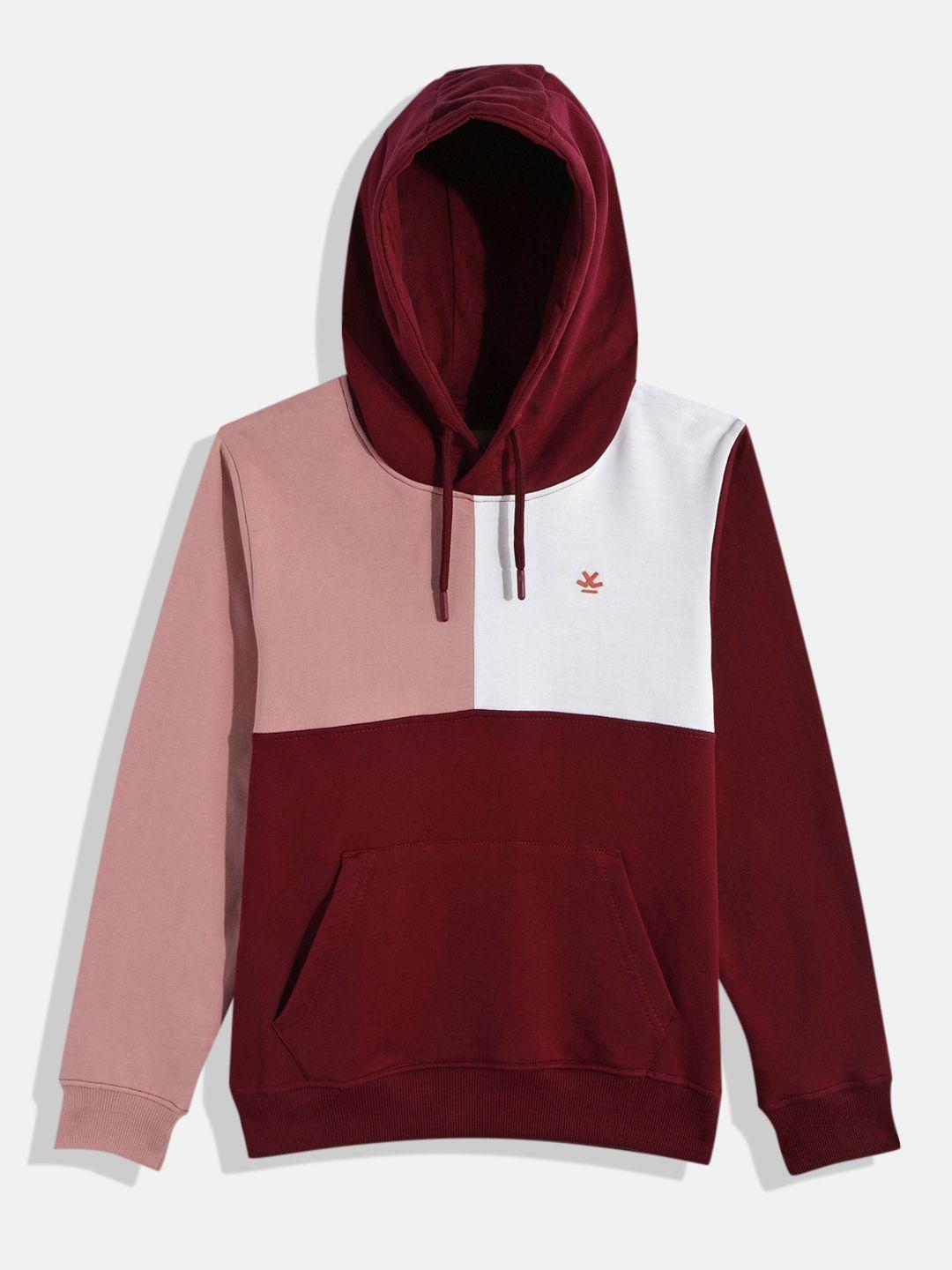 wrogn youth boys maroon & pink colourblocked hooded sweatshirt