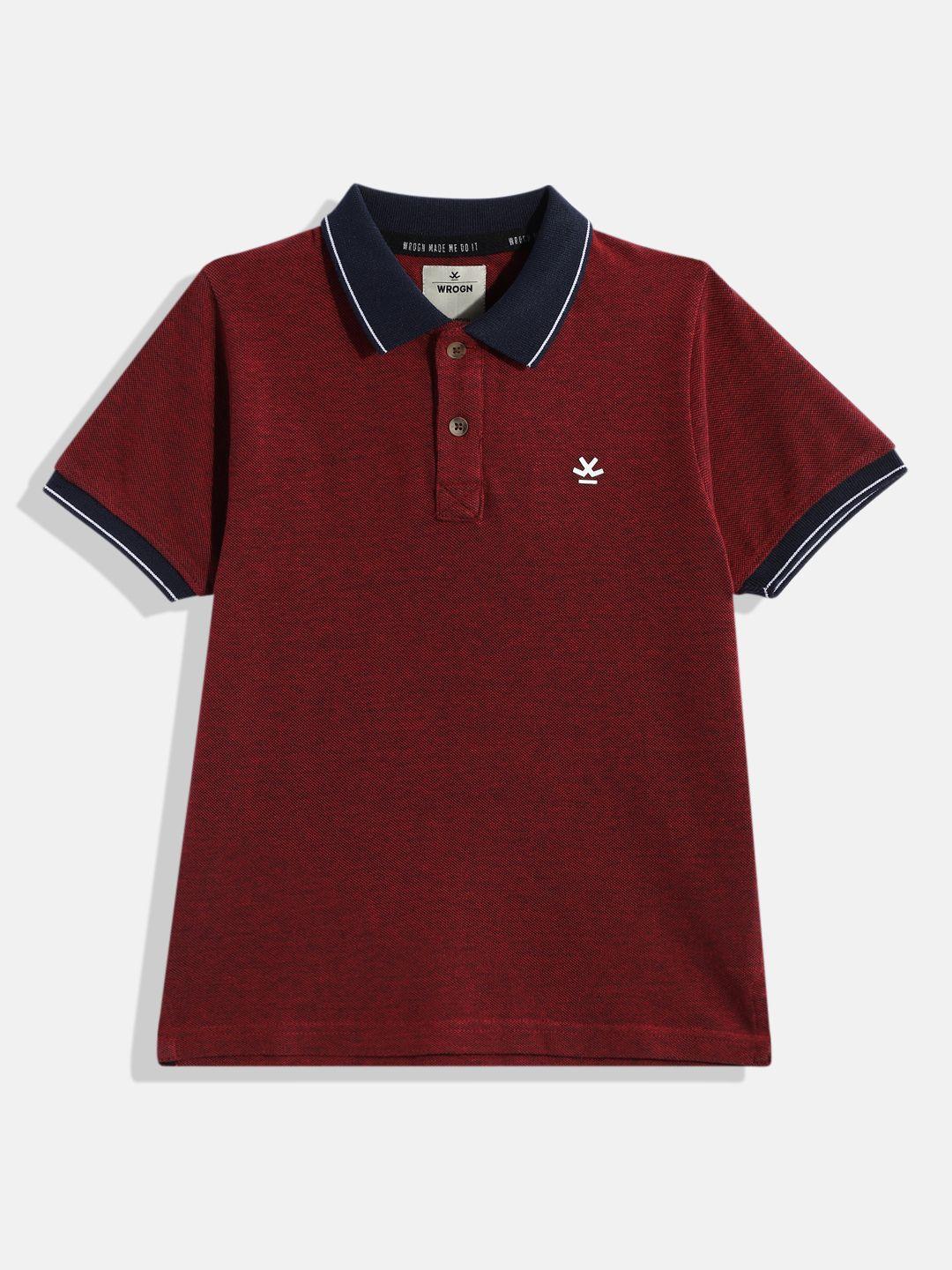 wrogn youth boys maroon solid pure cotton polo collar t-shirt
