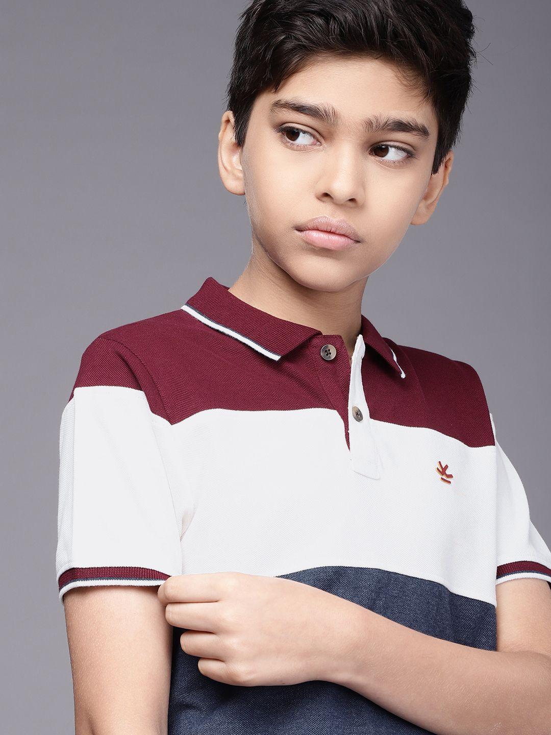 wrogn youth boys navy blue & burgundy colourblocked polo collar applique slim fit t-shirt