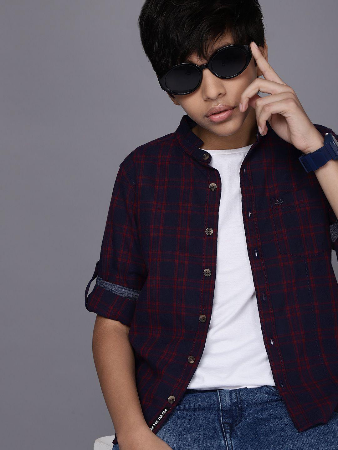 wrogn youth boys navy blue & red checked pure cotton casual shirt