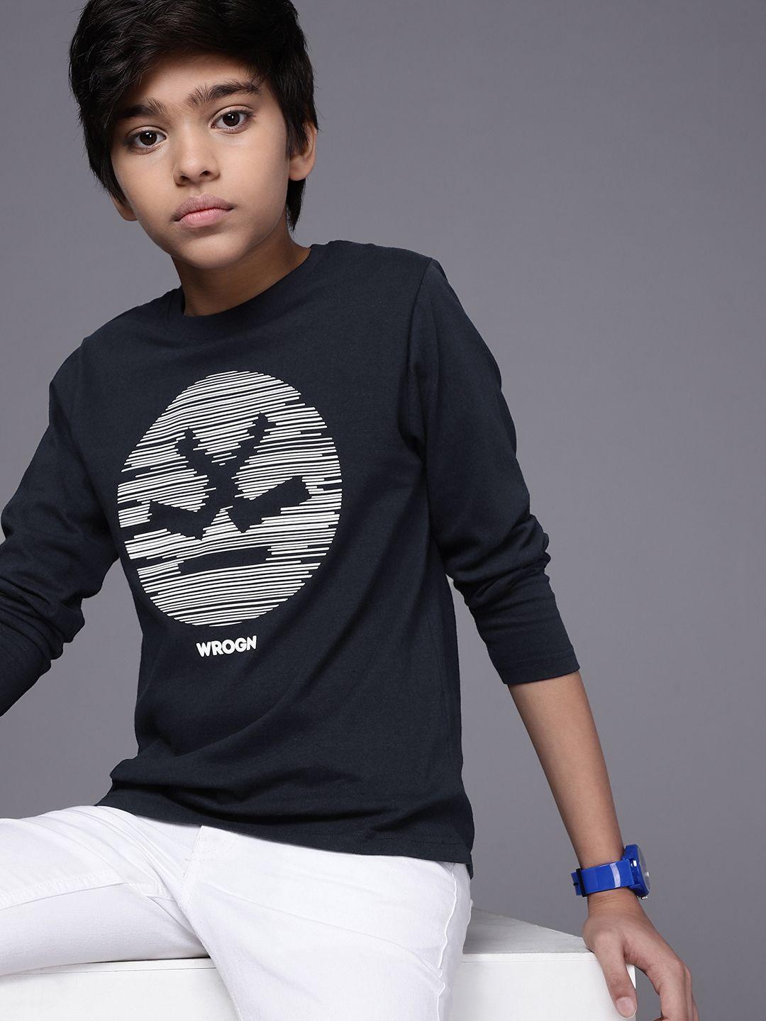 wrogn youth boys navy blue & white brand logo printed pure cotton t-shirt