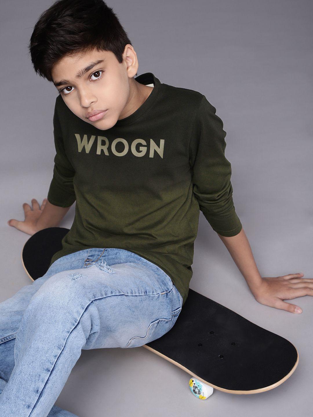 wrogn youth boys olive green brand logo printed pure cotton slim fit t-shirt