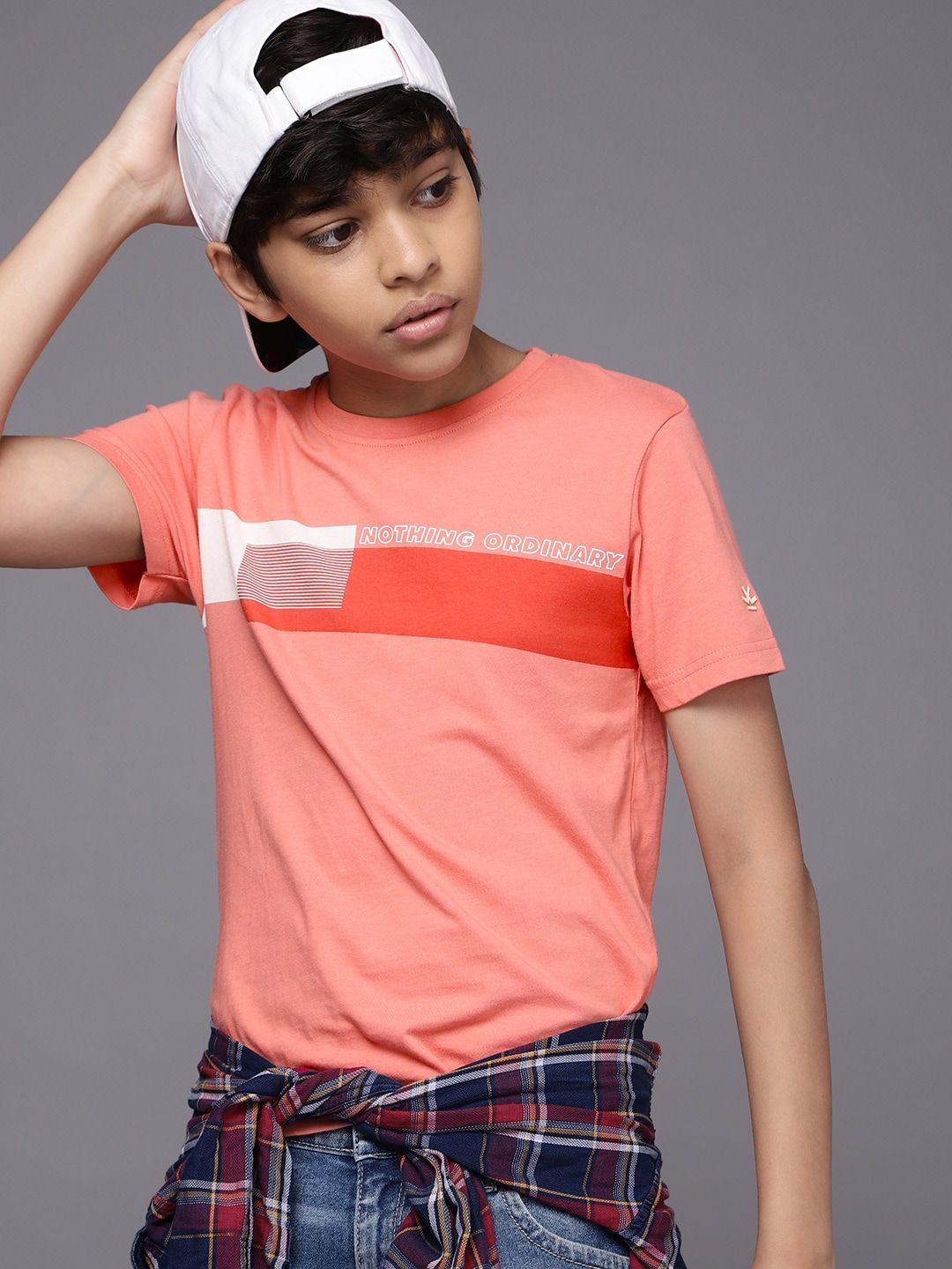 wrogn youth boys pink printed slim fit pure cotton t-shirt