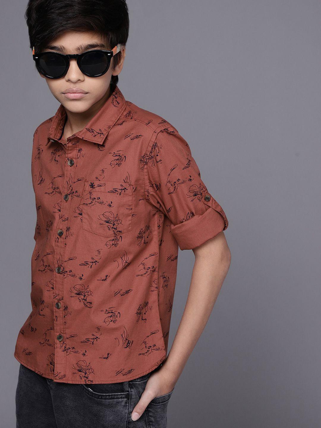 wrogn youth boys red slim fit printed pure cotton casual shirt