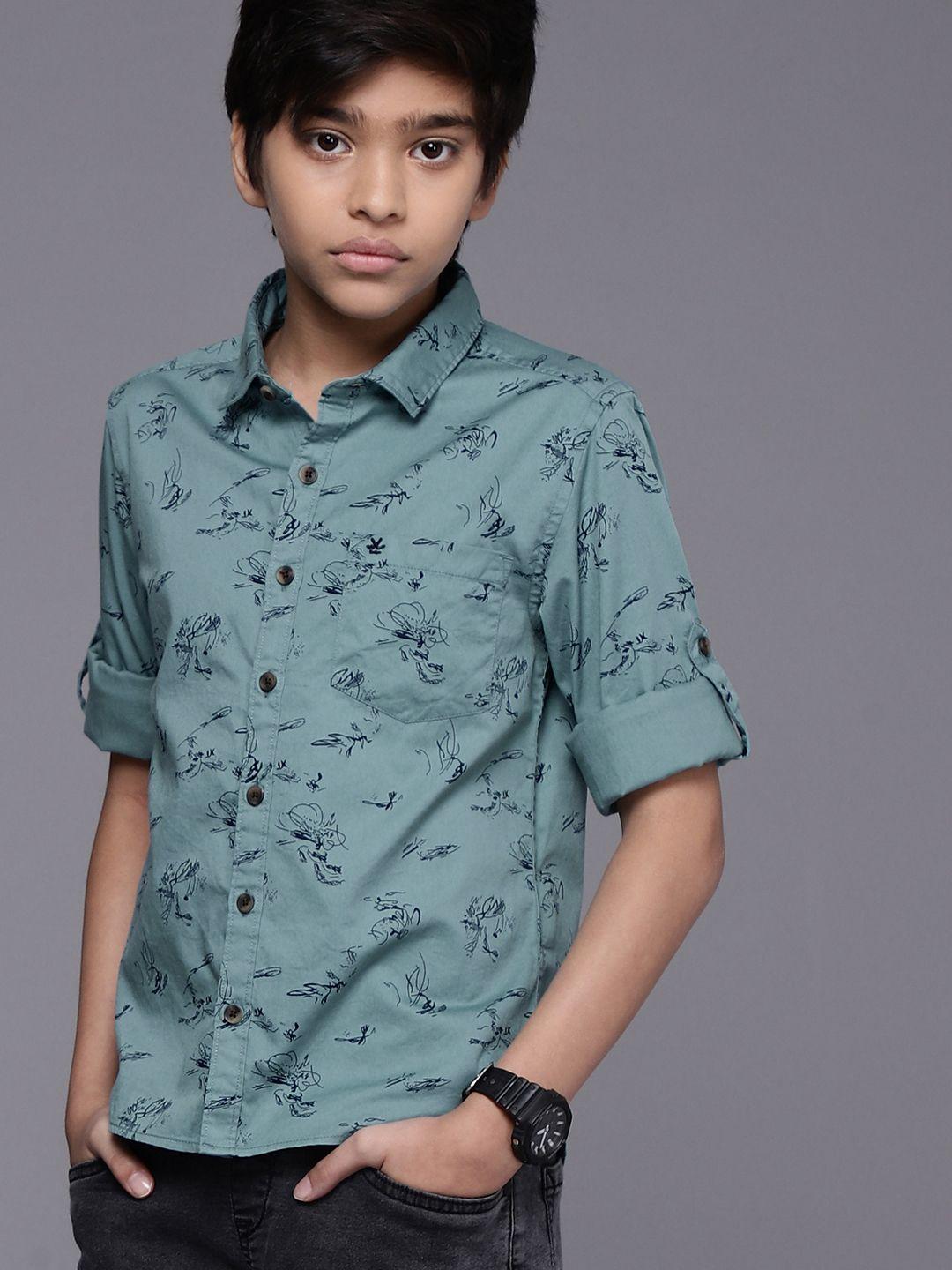 wrogn youth boys teal blue slim fit printed pure cotton casual shirt