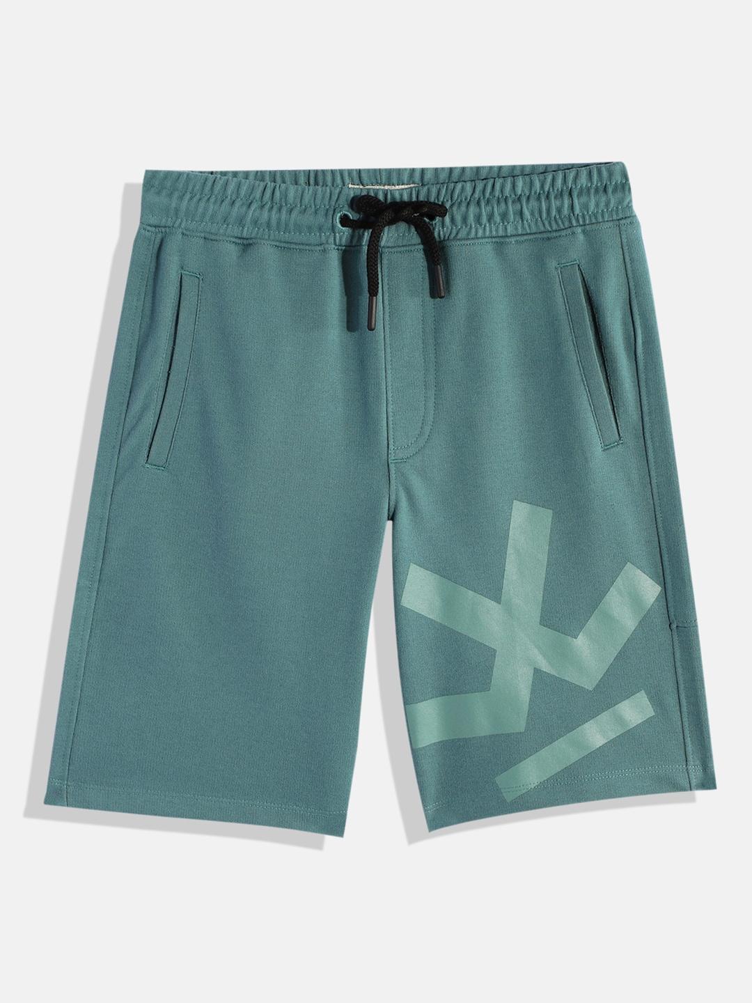 wrogn youth boys teal green brand logo printed shorts