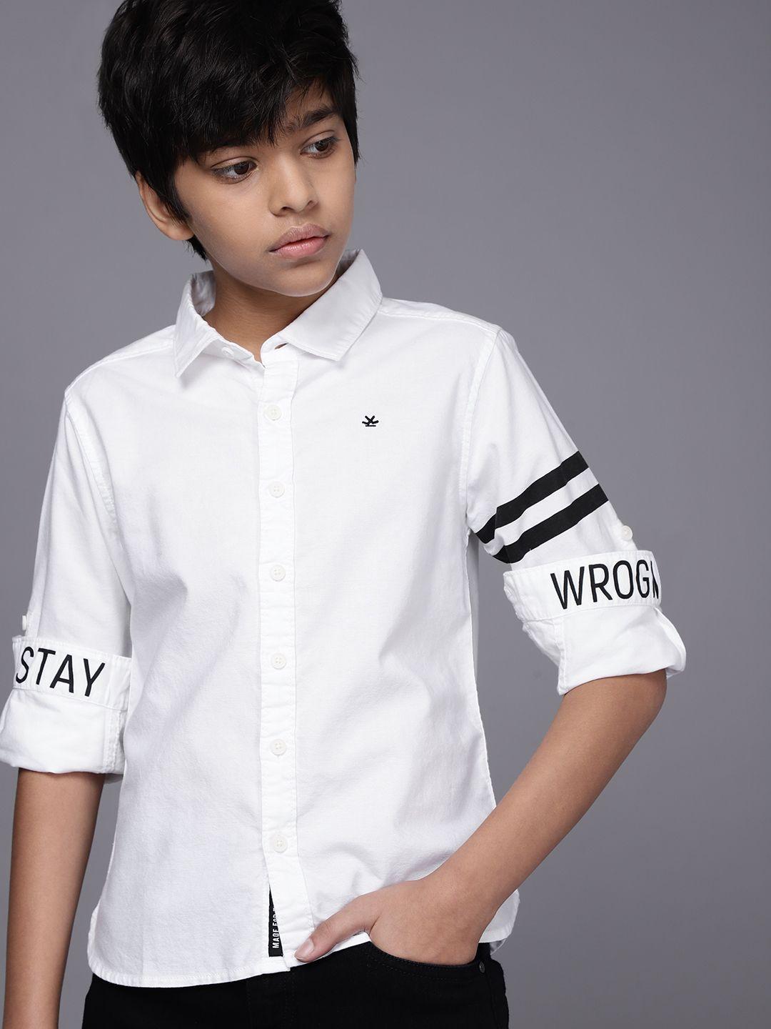 wrogn youth boys white slim fit solid opaque pure cotton casual shirt