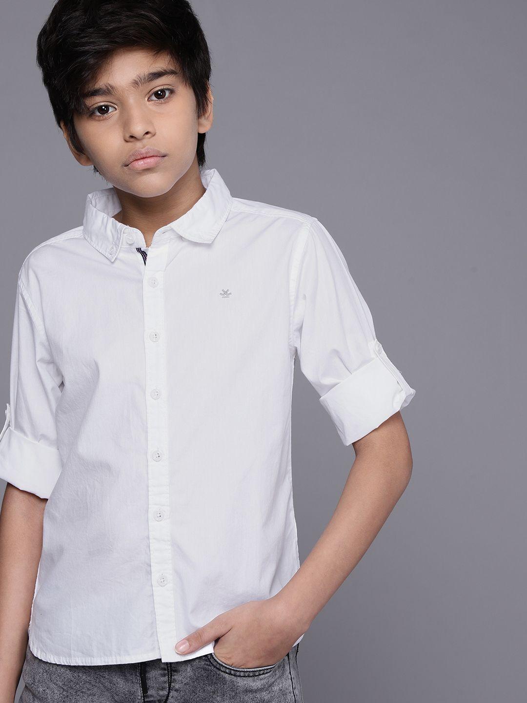 wrogn youth boys white solid slim fit pure cotton casual shirt