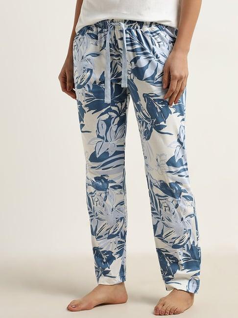 wunderlove by westside blue leaf printed mid-rise cotton pyjamas