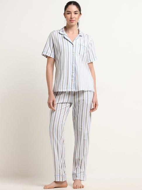 wunderlove by westside blue striped shirt & pyjama set