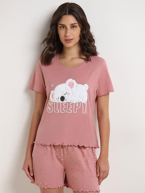 wunderlove by westside blush pink koala t-shirt and shorts set