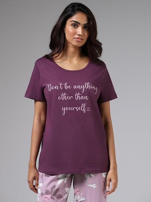 wunderlove by westside dark purple typographic printed t-shirt