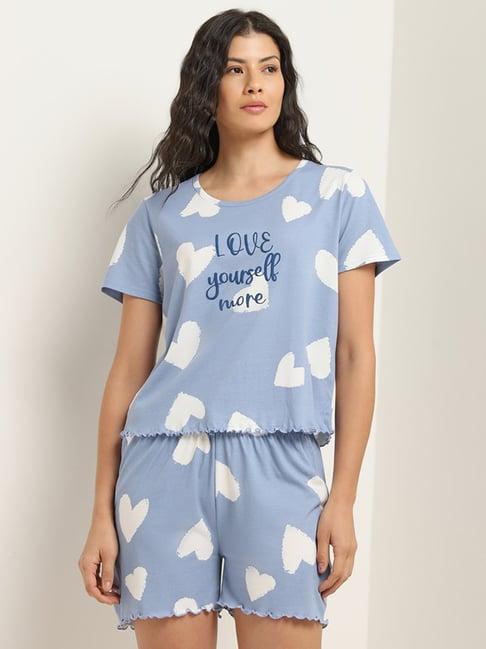 wunderlove by westside dusty blue hearts print shorts set in a bag