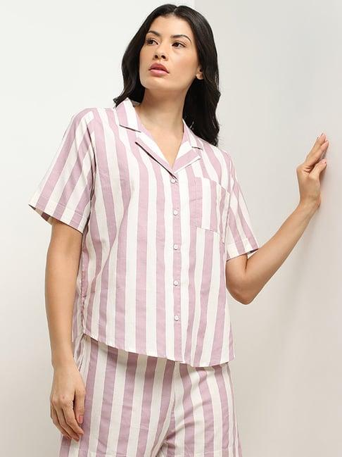 wunderlove by westside dusty pink striped cotton shirt with shorts set