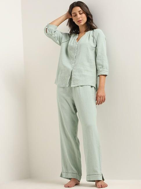 wunderlove by westside green ribbed shirt and pyjamas set