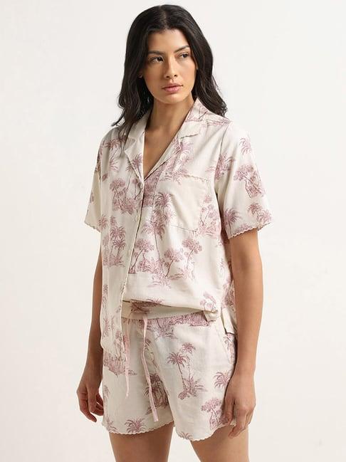 wunderlove by westside lavender tropical cotton shirt with shorts set