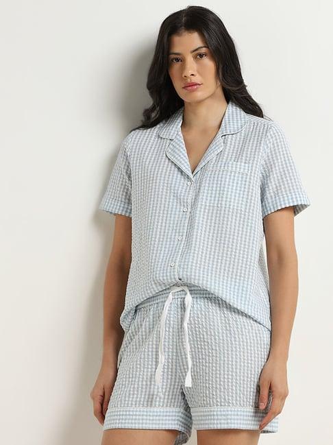 wunderlove by westside light blue checked cotton shirt with shorts set