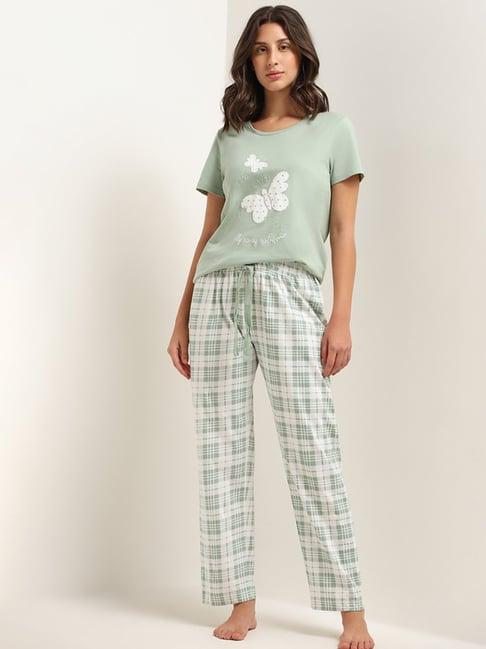 wunderlove by westside light green printed t-shirt & pyjamas set