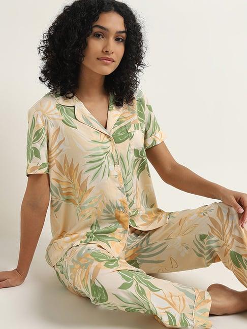 wunderlove by westside light orange leaf printed shirt with pyjamas set