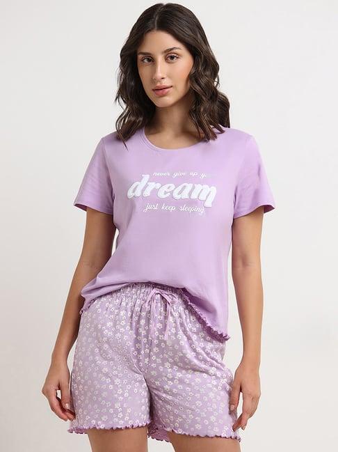 wunderlove by westside lilac text printed t-shirt and shorts set